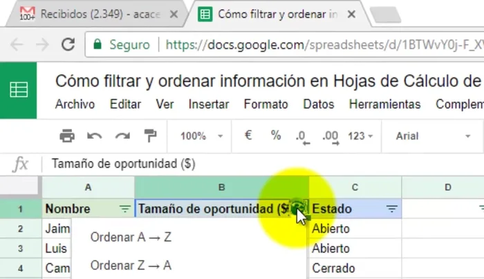 Para eliminar filas en blanco o con un estado específico, usar los filtros para seleccionar solo las filas con el estado deseado (ej: 'abierto').