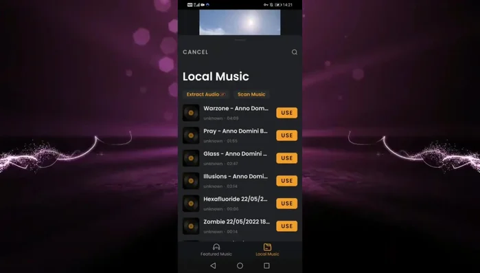 Si usas música de YouTube, descárgala primero desde la biblioteca de audio de YouTube y luego selecciónala.