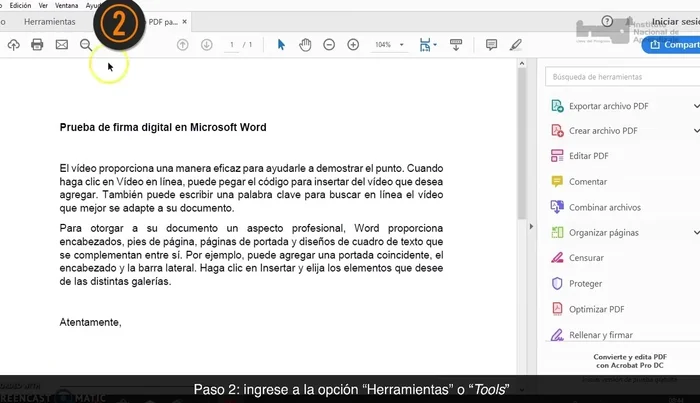 Seleccione 'Firmar digitalmente' o 'Digital Signature'.