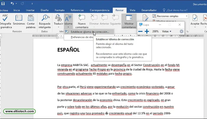 Seleccionar el idioma deseado (ej: Español) de la lista de favoritos o buscarlo.