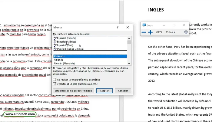Seleccionar el idioma deseado (ej: Español) de la lista de favoritos o buscarlo.