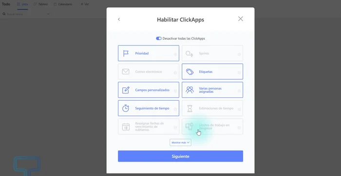 Configurar los ClickUps (prioridades, etiquetas, campos personalizados, asignación de tareas).
