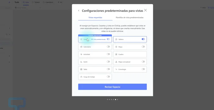 Configurar las vistas del espacio (lista, calendario, etc.).