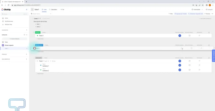 Mover tareas entre estados arrastrando o usando el menú desplegable.