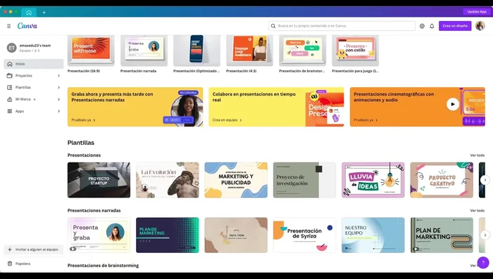 Elige el tamaño de la presentación (16:9 recomendado).