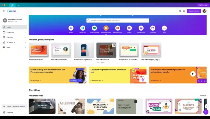 Elige el tamaño de la presentación (16:9 recomendado).