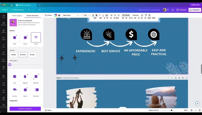 Repite los pasos 6 y 7 para añadir dinamismo a otros elementos de la presentación, pero evita saturarla.