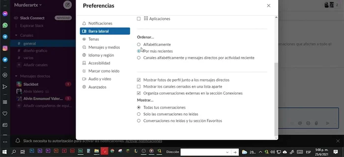 En la sección "Mostrar", selecciona si quieres ver todas las conversaciones o solo las no leídas.