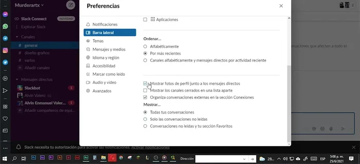 Ajusta otras opciones (mostrar fotos de perfil, separar canales privados de públicos) según tus preferencias, marcando o desmarcando las casillas correspondientes.