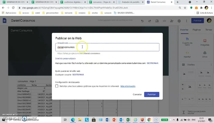 Verificar la dirección web del sitio publicado.