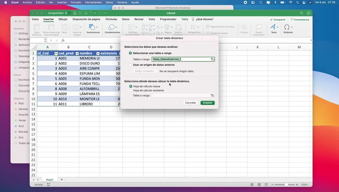 Crear la tabla dinámica a partir de los datos importados.