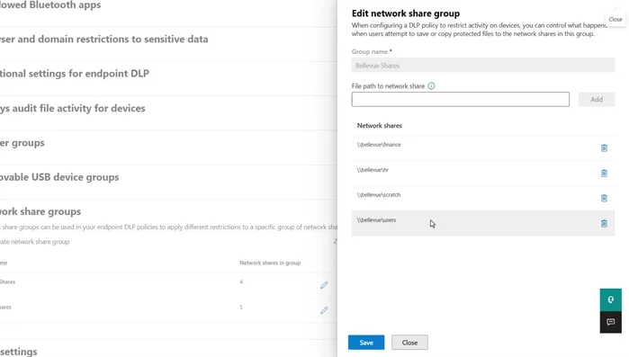 Grupos compartidos de red: Establecer diferentes restricciones para grupos de uso compartido de archivos.