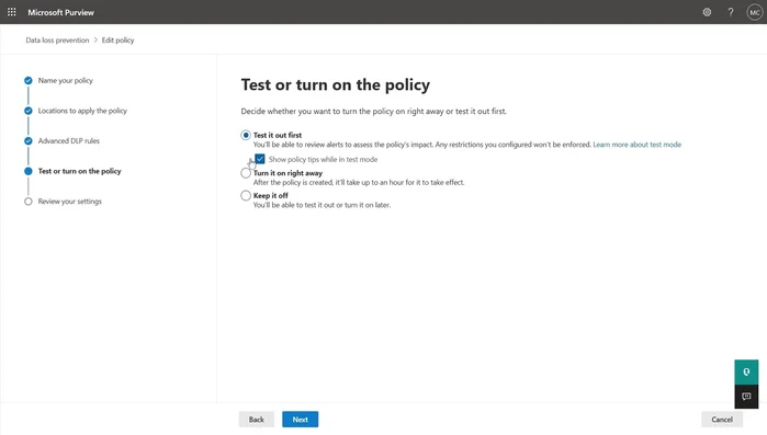Probar la política: Evaluar el impacto potencial de la política antes de aplicar restricciones y notificar a los usuarios finales.