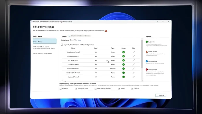 Migración desde DLP semántico: Usar la herramienta de asistente de migración para migrar políticas de DLP semántico a Microsoft Purview DLP.