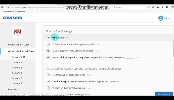 Navega por el contenido del curso semana a semana. Observa los vídeos, lecturas y demás recursos disponibles.