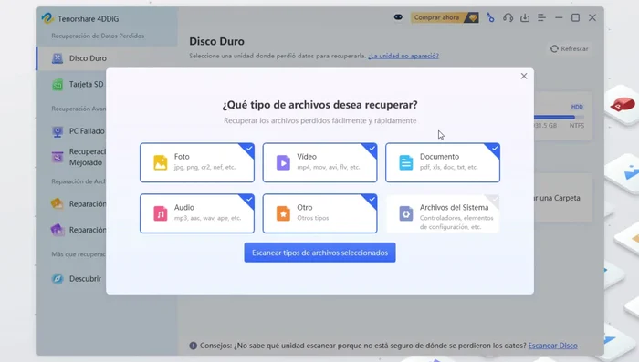 Seleccionar el tipo de archivo a escanear ('Excel').
