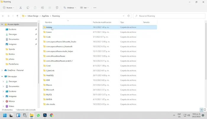Localizar la carpeta 'Adobe Photoshop' y 'Configuración'.