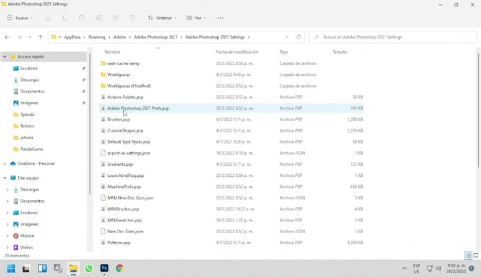 Localizar la carpeta 'Adobe Photoshop' y 'Configuración'.