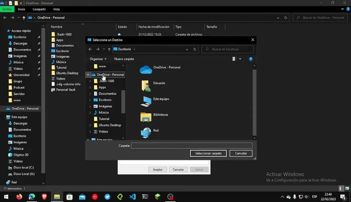 Selecciona la carpeta correspondiente que creaste en OneDrive y haz clic en 'Seleccionar'.