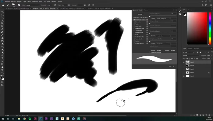 Ajustar la dinámica de forma (variación del tamaño y transferencia) para controlar el grosor y la opacidad con la presión del lápiz.