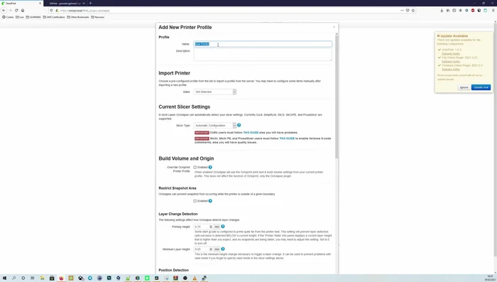 Configurar el perfil de Octolapse, incluyendo el script creado, la cámara y opciones de estabilización.
