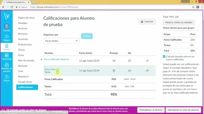 Si una tarea o foro está calificado, observa la calificación y los comentarios del docente.