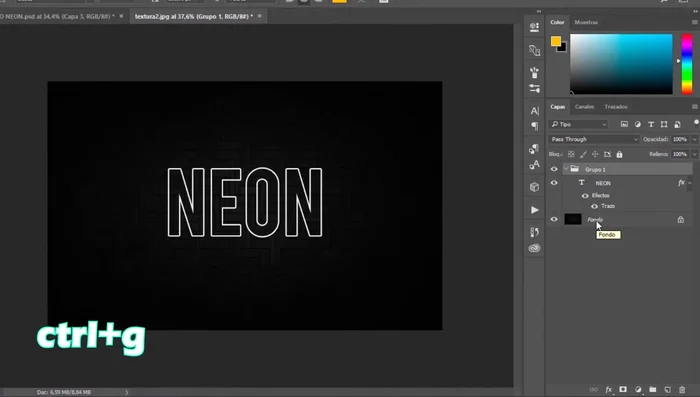 Aplicar Resplandor Exterior al grupo creado. Ajustar la opacidad (90% en este ejemplo), el color (un color llamativo) y los valores de Extender (35%) y Tamaño (25 píxeles). Copiar el código hexadecimal del color para usarlo en el paso siguiente.