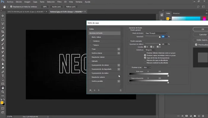 Aplicar Resplandor Exterior al grupo creado. Ajustar la opacidad (90% en este ejemplo), el color (un color llamativo) y los valores de Extender (35%) y Tamaño (25 píxeles). Copiar el código hexadecimal del color para usarlo en el paso siguiente.