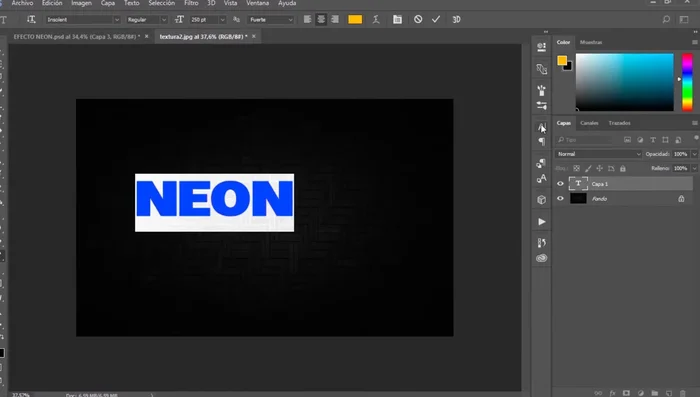 Escribir el texto deseado utilizando la herramienta de texto de Photoshop. Seleccionar la tipografía y ajustar el tamaño (Ctrl+T, manteniendo Shift para mantener proporciones).