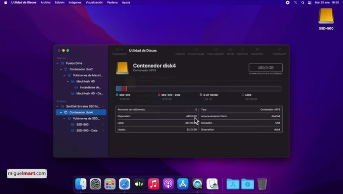 Seleccionar el disco SSD externo y borrarlo, formateándolo en APFS (Sistema de archivos de Apple) con el esquema de partición GUID.