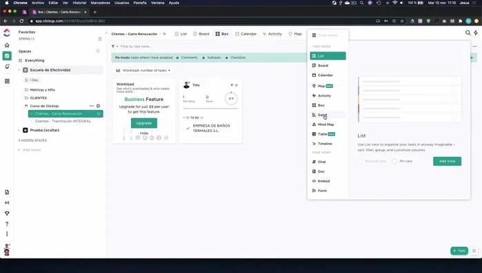 Visualización Gantt: Para visualizar la línea de tiempo de tareas, dependencias y plazos de proyectos.