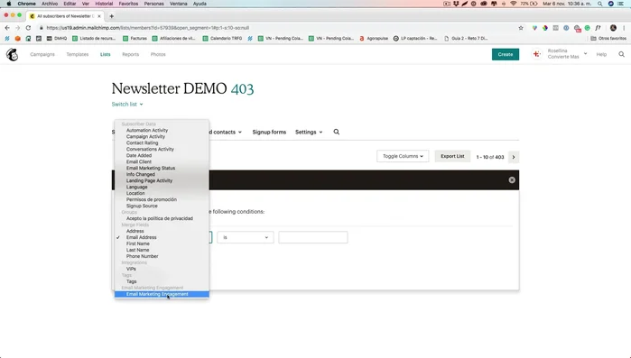 Selecciona la opción 'Email Marketing Engagement'.