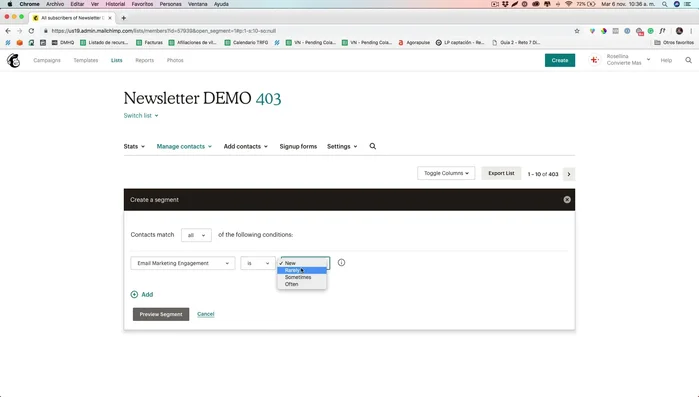 Define el nivel de engagement (alto, bajo, etc.) según tus necesidades. Por ejemplo, selecciona 'Raro' para identificar usuarios inactivos.