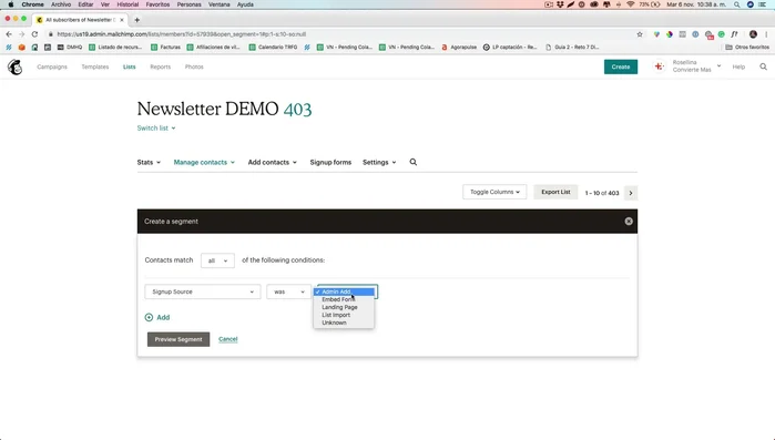 Elige 'Landing Page' y selecciona la landing page específica que te interesa (ej: promoción Black Friday).