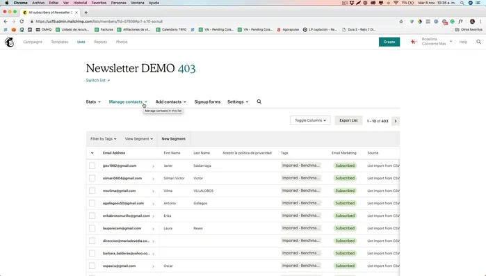 Accede a la lista de contactos y selecciona la opción 'Segments'.