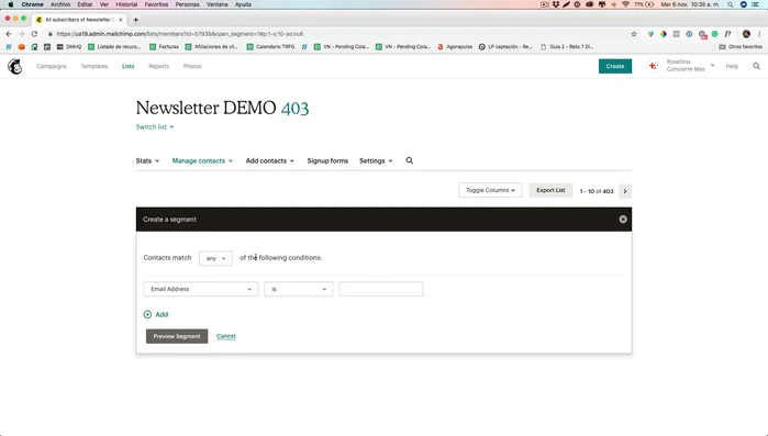 Crea un nuevo segmento haciendo clic en el botón correspondiente.