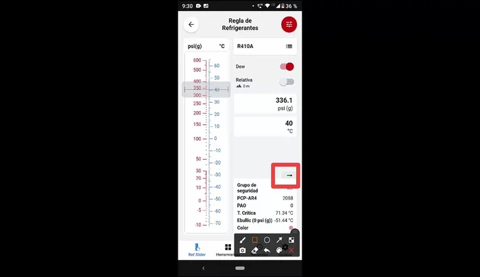 Consultar información detallada sobre el refrigerante seleccionado (nombre químico, fórmula, composición, número CAS, propiedades termodinámicas, etc.) pulsando la flecha en la esquina superior derecha.