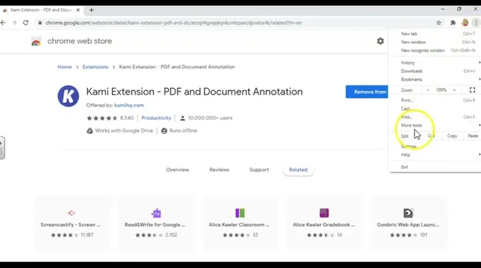 Verificar que la extensión está instalada (tres puntos verticales > Más herramientas > Extensiones).