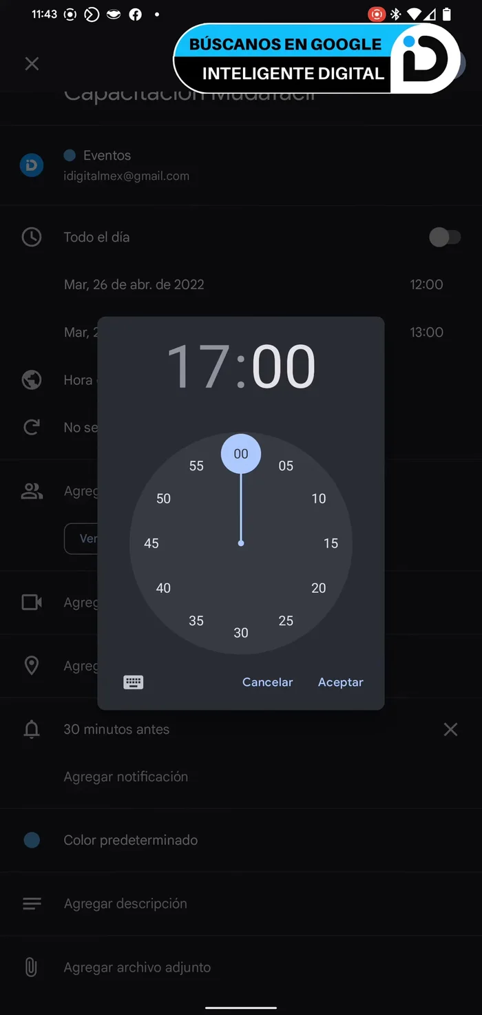 Especificar la hora de finalización del evento (ej: 18:00).