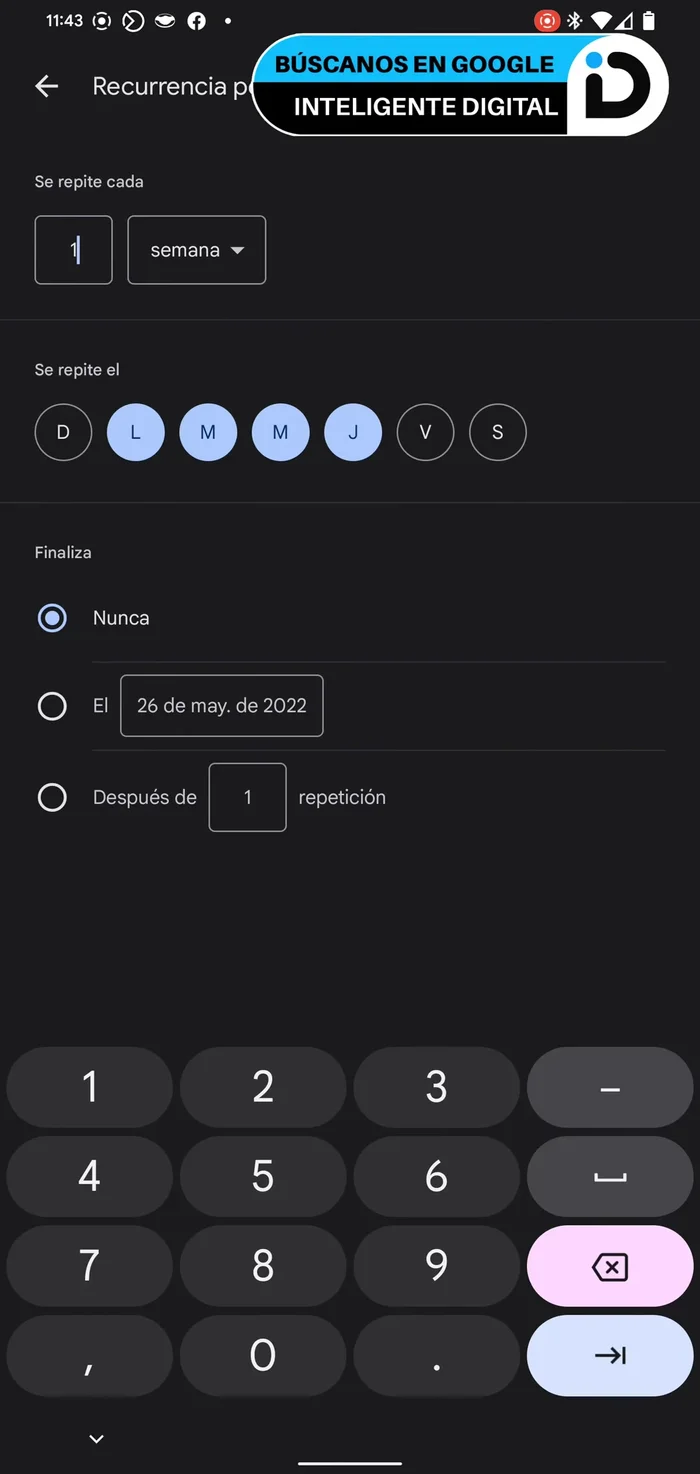 Establecer una fecha de finalización para la recurrencia del evento.