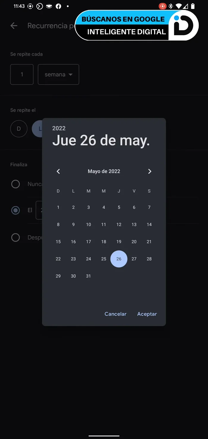 Establecer una fecha de finalización para la recurrencia del evento.