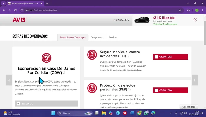Revisa los detalles del seguro y los extras incluidos (exoneración de daños por colisión, seguro contra accidentes, protección de efectos personales, etc.).