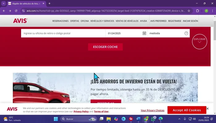 Utiliza la barra de búsqueda para especificar la oficina de recogida, código postal, fechas y horas de alquiler.