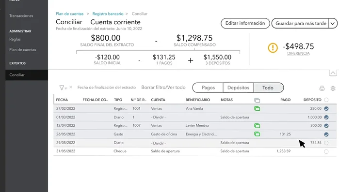 Las transacciones ya conciliadas por QuickBooks tendrán una marca de verificación; no te preocupes por ellas.