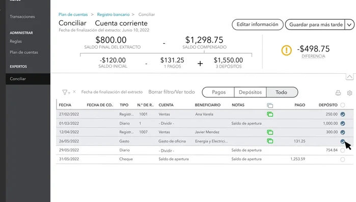 Las transacciones ya conciliadas por QuickBooks tendrán una marca de verificación; no te preocupes por ellas.