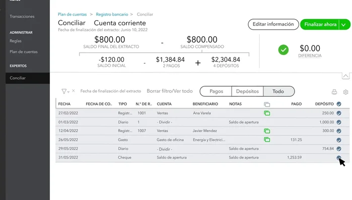 Si encuentras el error, corrígelo y guarda. Si no, puedes finalizar y aceptar la diferencia (QuickBooks creará un asiento de diario). Consulta a tu contador antes de aceptar diferencias.