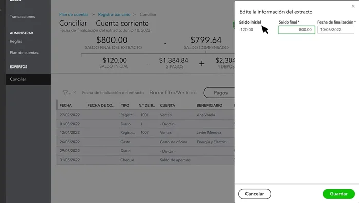 Si encuentras el error, corrígelo y guarda. Si no, puedes finalizar y aceptar la diferencia (QuickBooks creará un asiento de diario). Consulta a tu contador antes de aceptar diferencias.