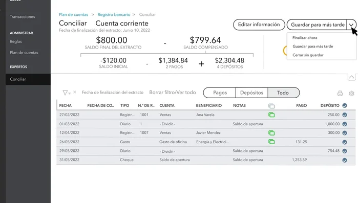 Si encuentras el error, corrígelo y guarda. Si no, puedes finalizar y aceptar la diferencia (QuickBooks creará un asiento de diario). Consulta a tu contador antes de aceptar diferencias.
