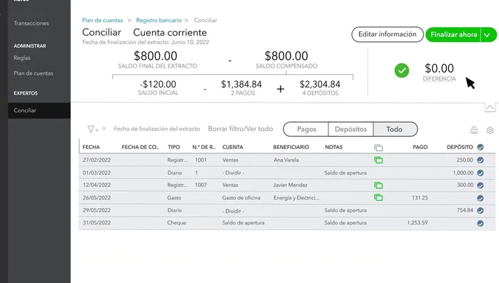 Una vez que la diferencia sea cero, selecciona 'Finalizar' y luego 'Listo'. Puedes ver el historial de conciliaciones seleccionando 'Historial por cuenta'.