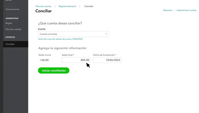 Verifica que el saldo de apertura coincida con tu estado de cuenta. Si todo está correcto, selecciona 'Iniciar conciliación'.